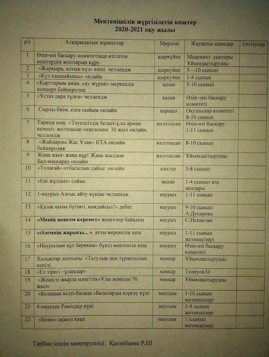 Мектепішілік кештер 2020-2021 оқу жылы.